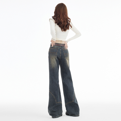 Actual shot of 2024 spring style new American retro loose design temperament versatile low-waisted wide-leg pants