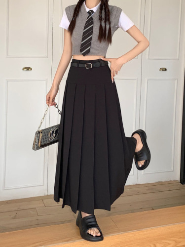 Actual shot ~ Suit skirt design niche slimming high-waisted workwear long skirt A-line pleated large hem skirt for women with belt