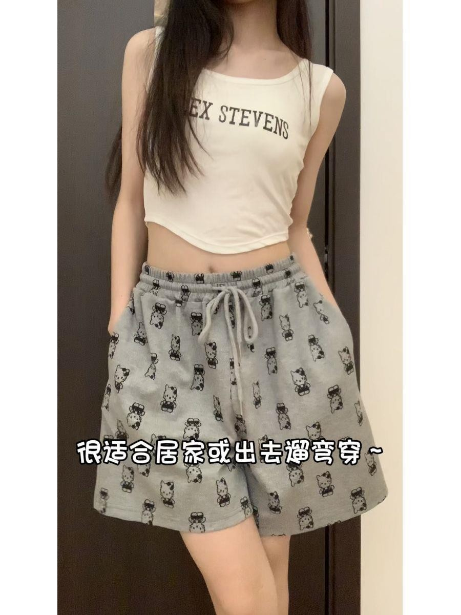 美式復古抽繩高腰可愛kt貓短褲女夏季休閒寬鬆闊腿褲外穿運動熱褲