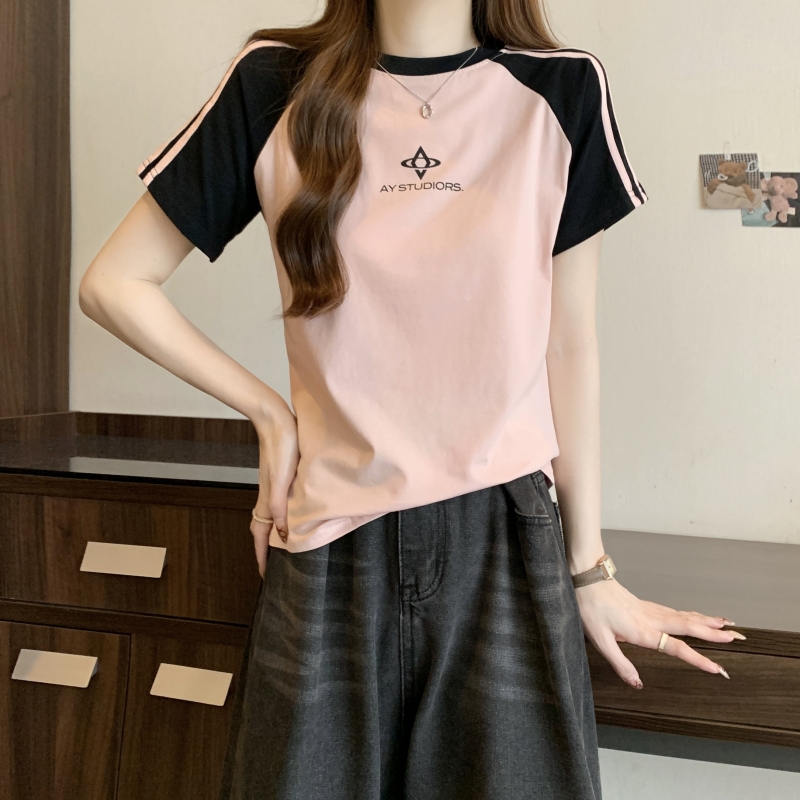 2024年春夏季美式復古正肩短袖T恤女ins潮印花正筒短款好看上衣