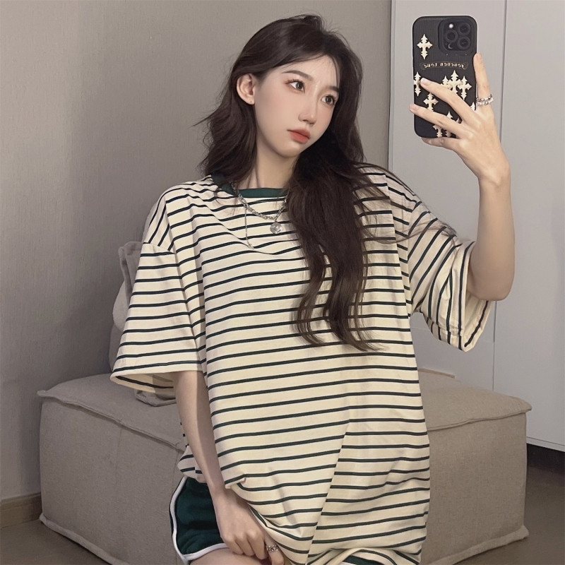 復古綠色條紋t恤女夏季新款日系oversize小眾慵懶風百搭寬鬆上衣