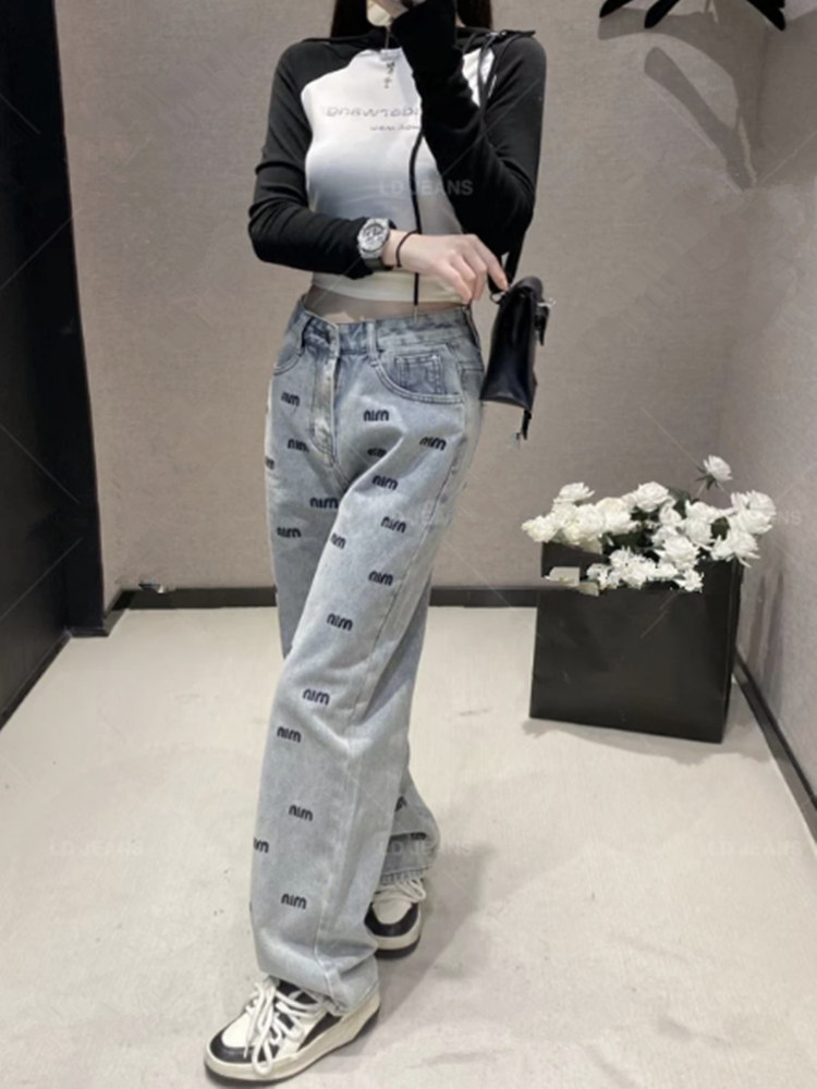 早春新款燙鑽刺繡字母MIU闊腿牛仔褲女高腰時尚潮流款直筒拖地褲