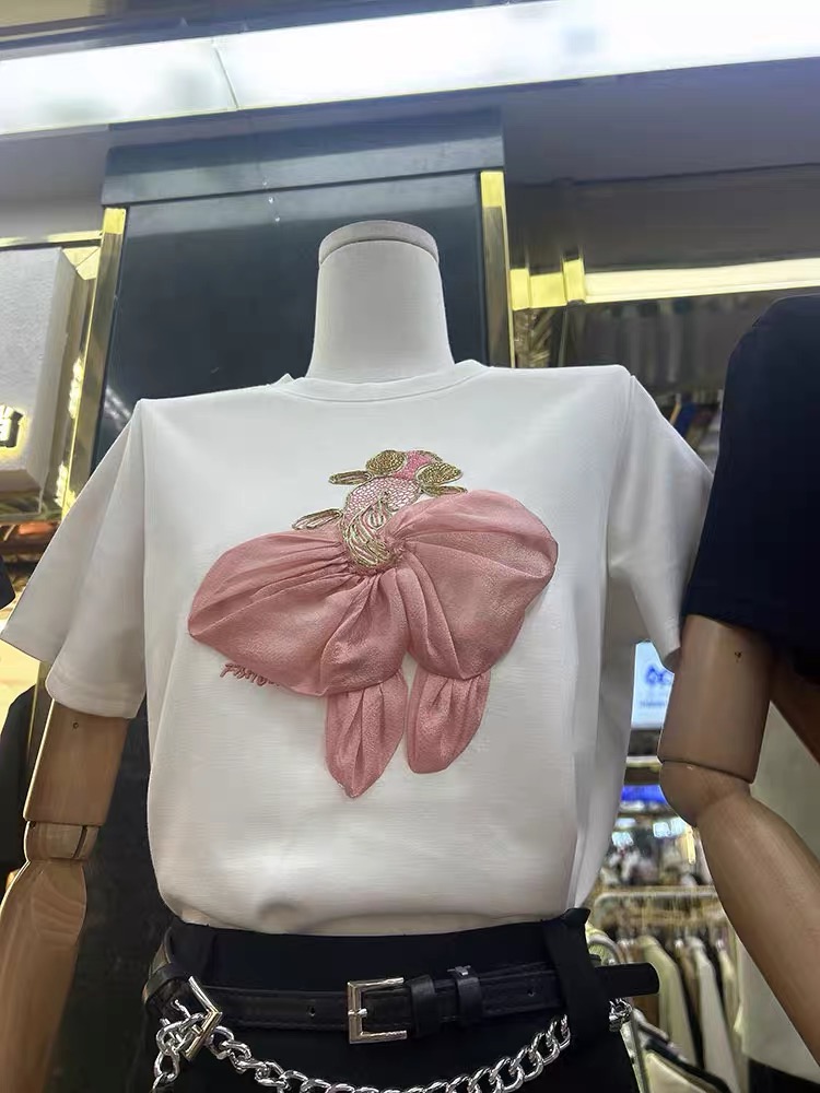 設計感重工刺繡釘珠亮片短袖T恤女2024新款時髦獨特寬鬆顯瘦上衣