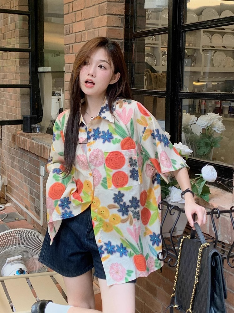 四面彈印花甜美泰蘭德度假風花花襯衫短袖襯衣碎花可愛上衣