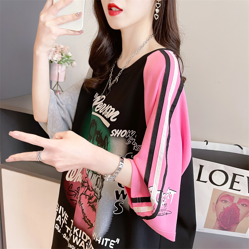Real shot 2024 summer Korean style loose round neck letter printed raglan sleeves large size short sleeve T-shirt for women