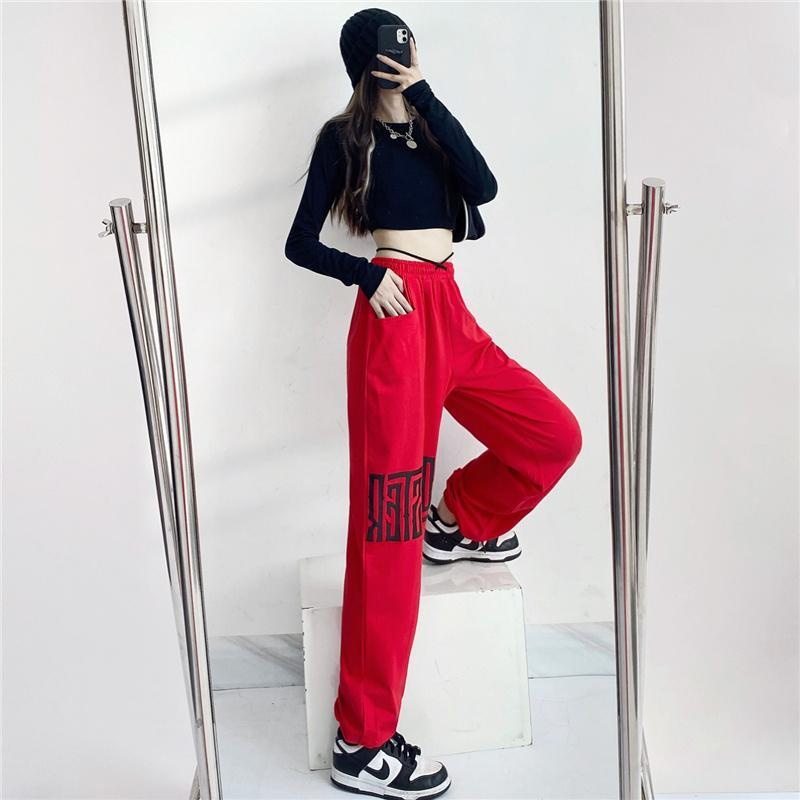 爵士舞jazz顯瘦嘻哈運動褲子休閒hiphop街舞字母高腰闊腿衛褲女