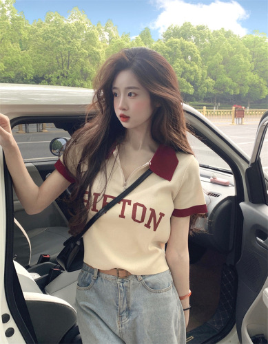 Real shot short-sleeved pullover loose printed letter zipper Polo collar short-sleeved knitted 2024 new top women's T-shirt