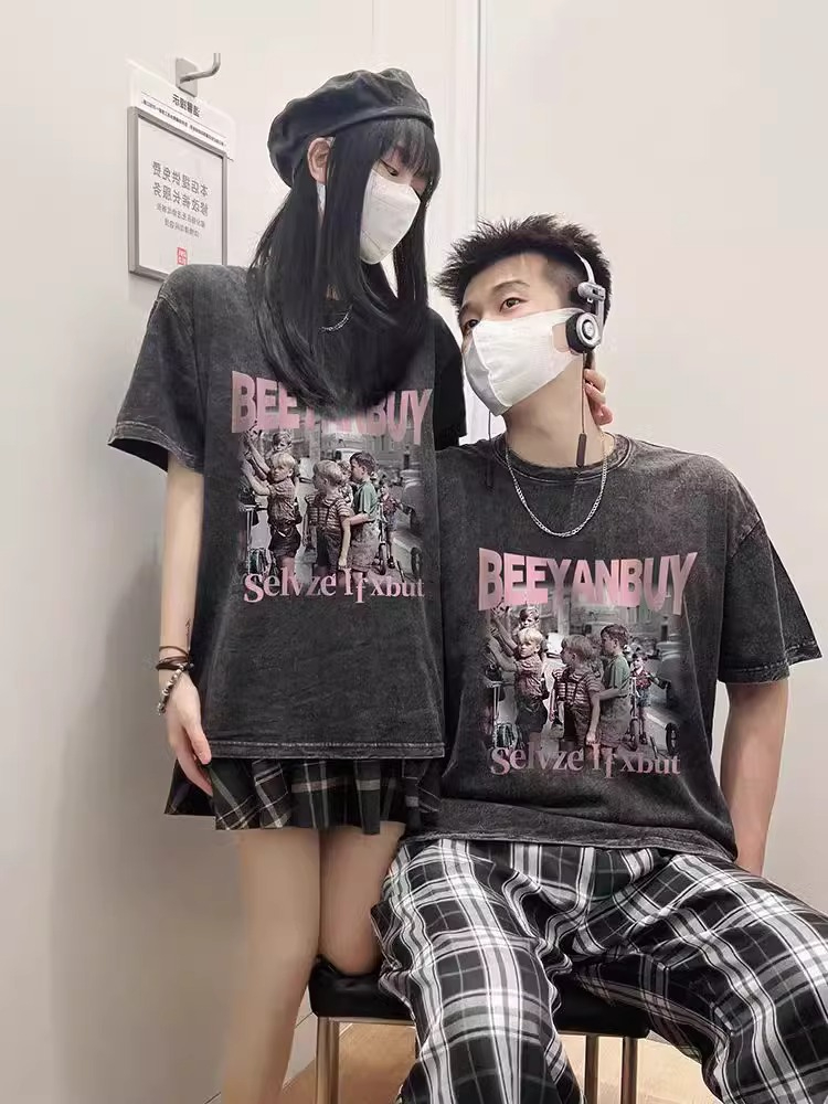 夏季早春美式復古水洗工藝做舊重磅不一樣情侶裝t恤男短袖女ins潮