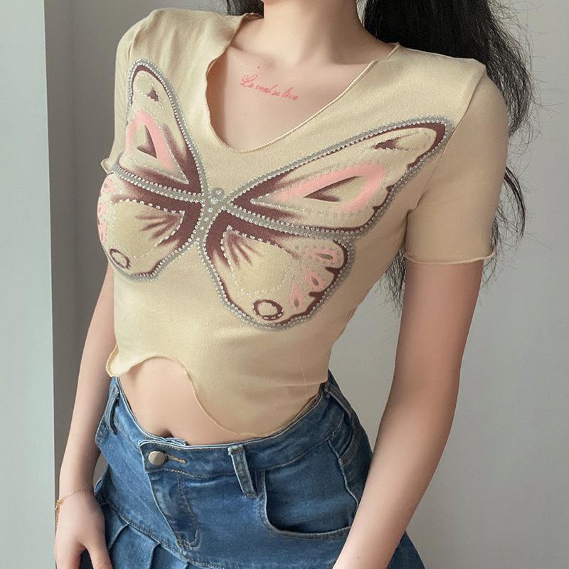 羅紋 港味性感蝴蝶印花短袖T恤女夏季新款韓版