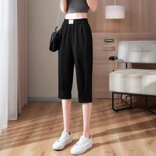 Ice silk cropped pants for women summer 2024 new thin women's pants high waist slim black pants casual harem pants