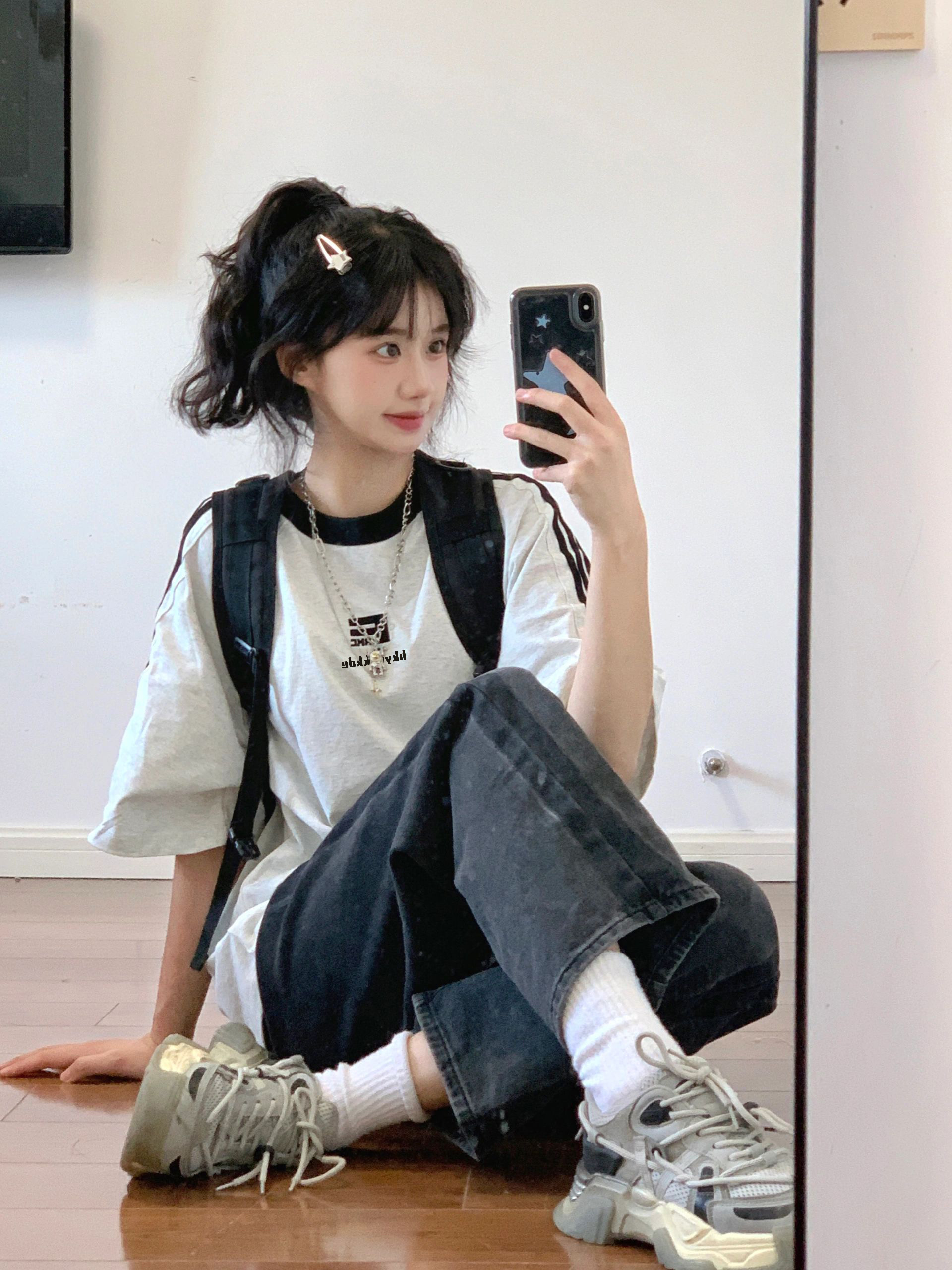 國潮牌撞色三條槓短袖t恤女夏季設計感小眾純棉寬鬆慵懶圓領上衣