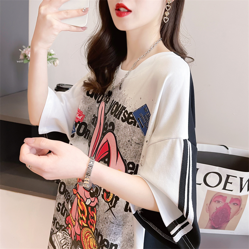 Real shot 2024 summer Korean style loose round neck letter printed raglan sleeves large size short sleeve T-shirt for women