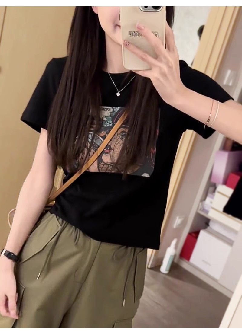 辣妹短袖T恤女復古小眾黑色打底衫別致短款露臍上衣