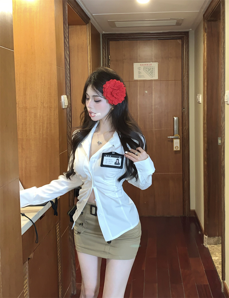 實拍 純欲韓系氣質收腰襯衫紐扣設計包臀裙春季新款兩件套