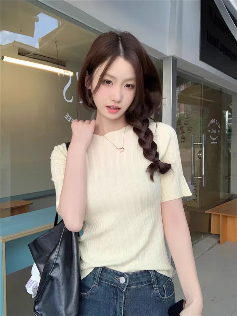 復古洋氣杏色短袖針織衫女夏季小個子內搭打底衫修身顯瘦氣質上衣