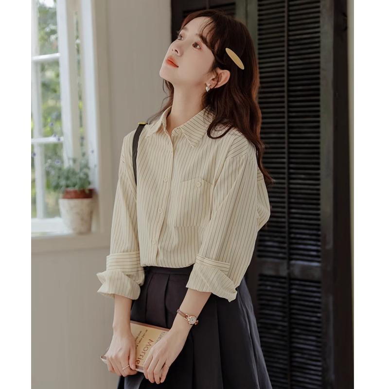 Four-sided elastic print spring new loose French striped long-sleeved shirt women's design niche tops