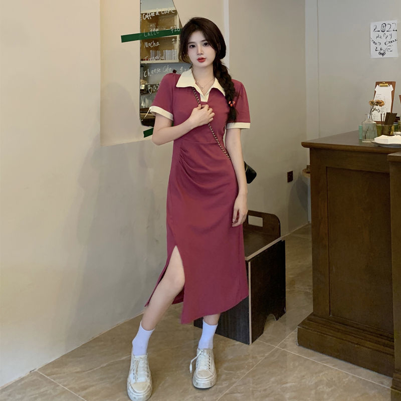 2024新款甜美撞色polo領開叉連衣裙女夏設計感褶皺修身顯瘦長裙子