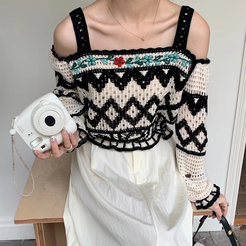 長袖襯衣女設計感小心機露肩秋季甜美減齡縷空鈎花針織法式上衣