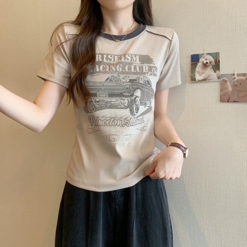 美式復古印花T恤女2024春夏新款修身圓領內搭休閒甜辣短袖上衣