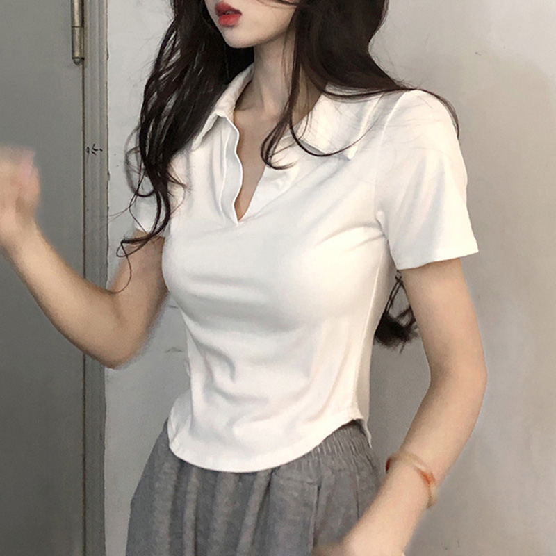 官圖純棉 設計感短袖t恤女夏季polo領辣妹修身短款露肚臍上衣