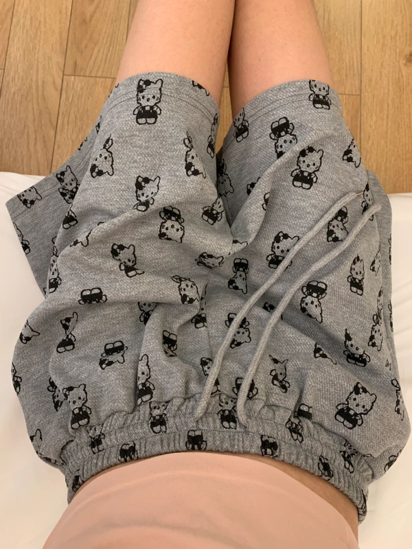 新款家居褲外穿印花鬆緊腰寬鬆Kitty貓休閒運動闊腿短褲女夏ins款