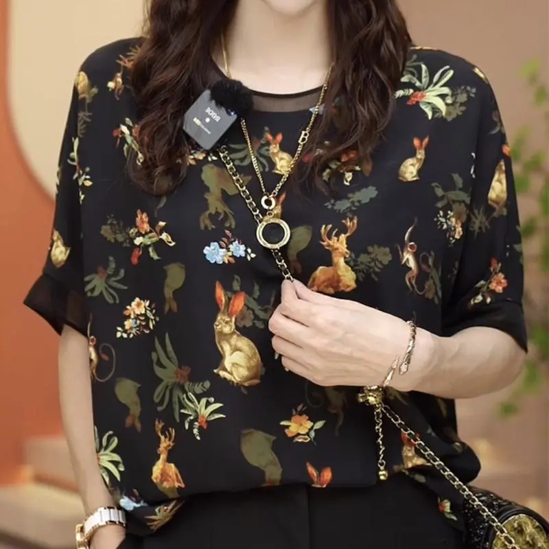 真絲雪紡短袖T恤女夏季新款外穿小衫高檔媽媽遮肉桑蠶絲圓領上衣