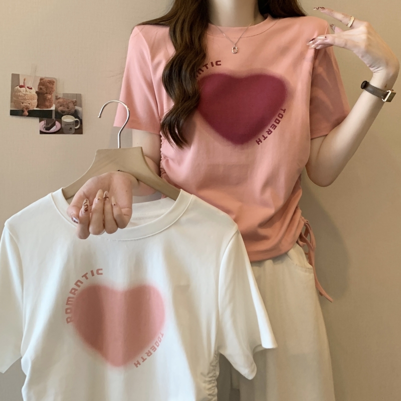美式甜辣粉色純棉短袖正肩t恤女裝夏季2024新款桃心抽繩上衣短款