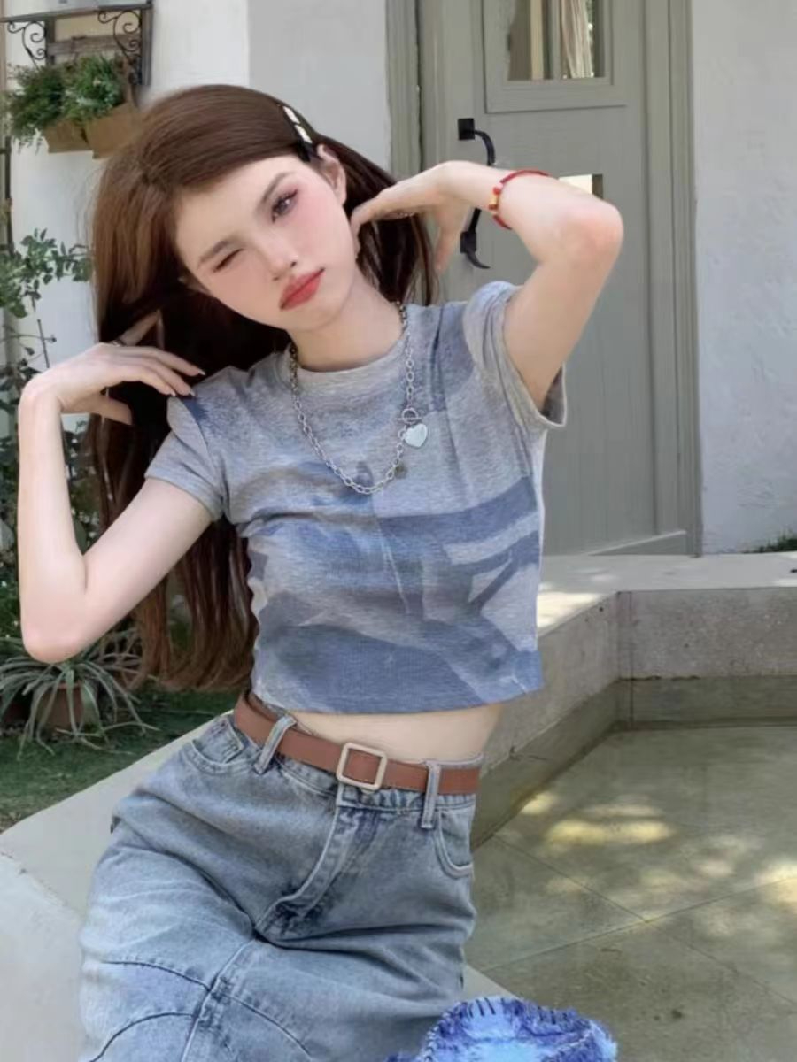 Official photo niche printed short-sleeved T-shirt women's right shoulder American sweet and cool hot girl short slim round neck top