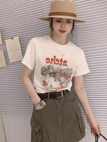 韩版时尚百搭洋气彩色字母地图印花休闲简约短袖T恤女