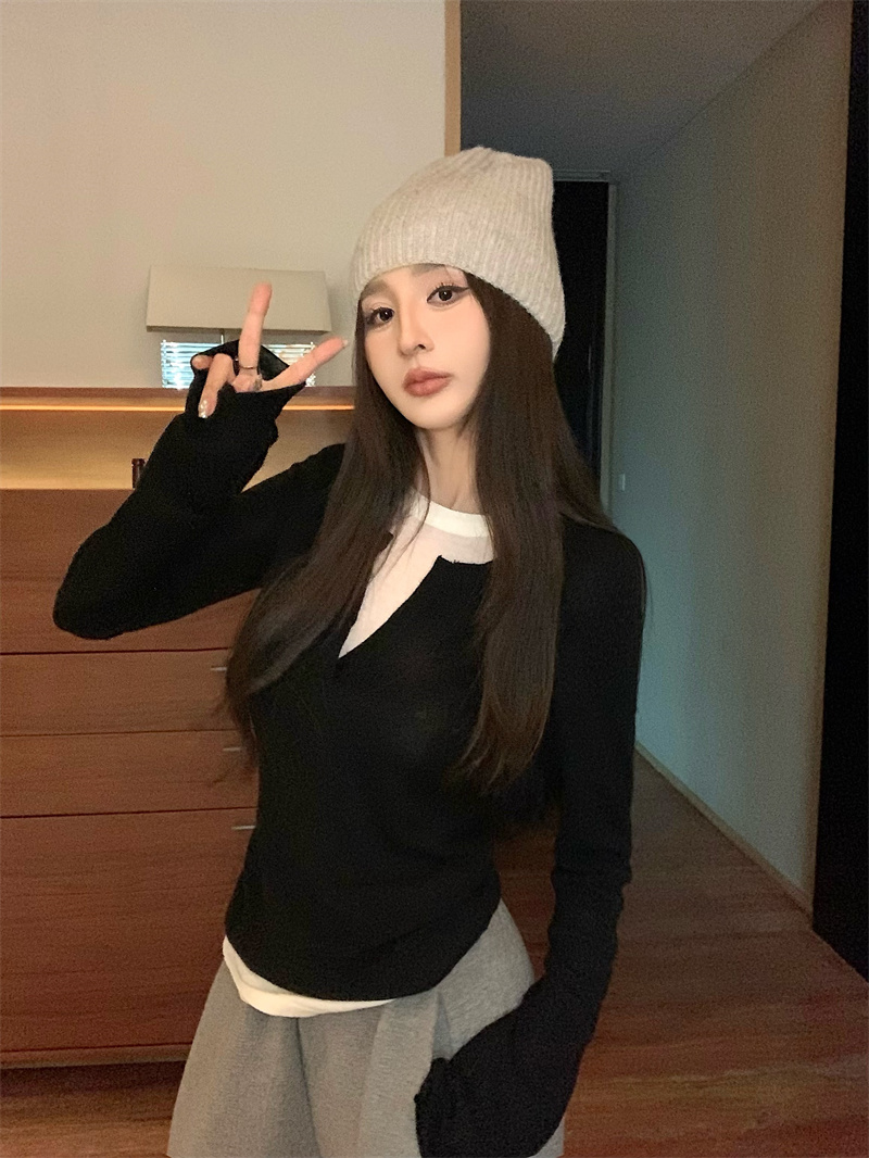 實拍  新款~時尚美式假兩件針織毛衣上衣