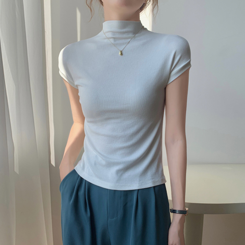 半高领短袖t恤女2024年夏季新款韩版修身显瘦针织衫小飞袖上衣女