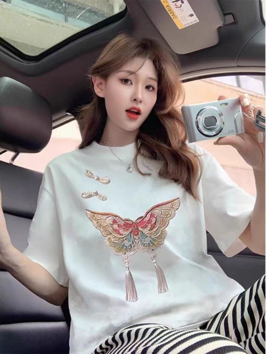 200g combed compact offspun pure cotton back strip Spring and summer loose right shoulder printed short-sleeved T-shirt