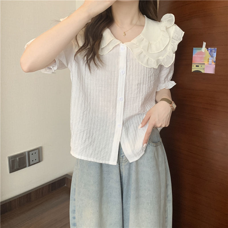 大碼300斤娃娃領襯衫短袖女夏法式小眾減齡洋氣獨特别致短款上衣