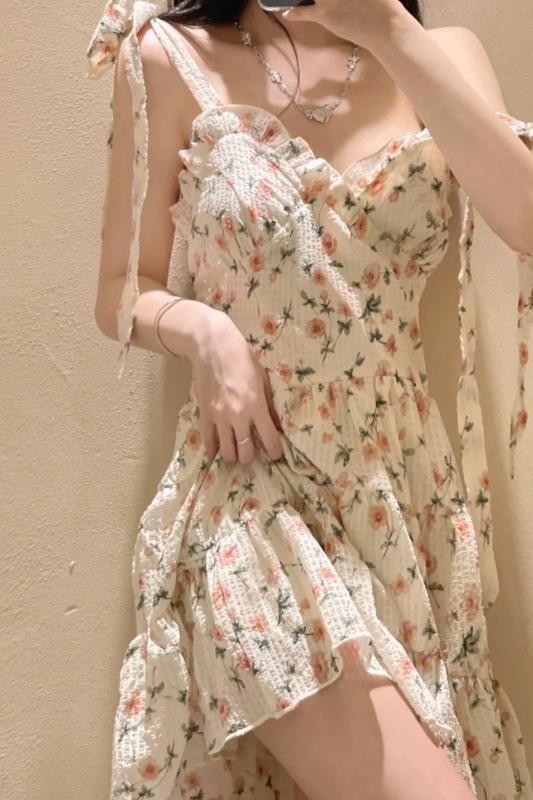 原版面料加內襯法式收腰碎花純欲風小眾吊帶裙仙女連衣裙女夏