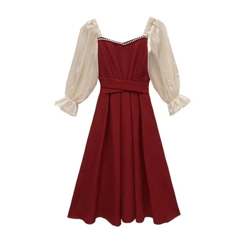 甜美法式红色连衣裙女五分袖2024夏季新款收腰显瘦中长裙A字裙子