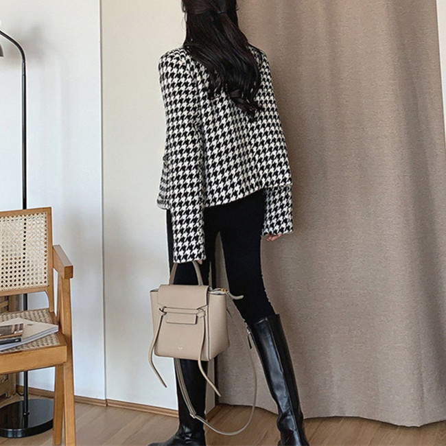 韓版簡約圓領千鳥格短裝外套女2024春新小個子粗花呢休閒外套上衣