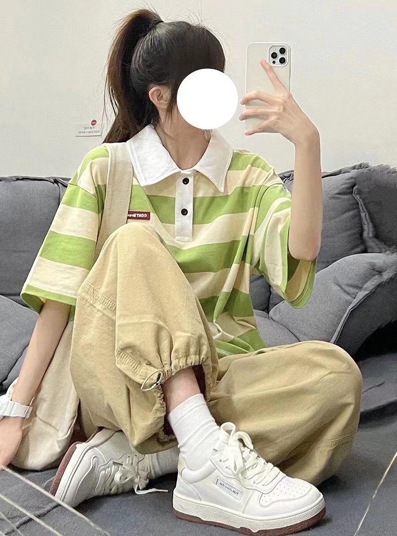 港味條紋正肩Polo衫女寬鬆夏季上衣別致小眾設計感學生短袖t恤衫