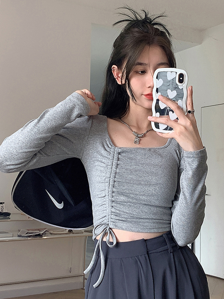 5 colors spring new Korean style temperament square collar top slim fit inner long-sleeved bottoming shirt women's T-shirt trend