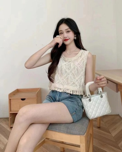 Niche design retro crochet hollow suspender first love style travel and vacation outer loose vest foreign style top