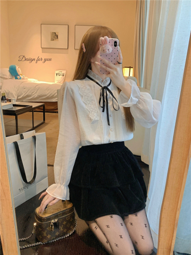 Real shot French fungus-edged bow chiffon shirt design niche shirt new early spring women's top