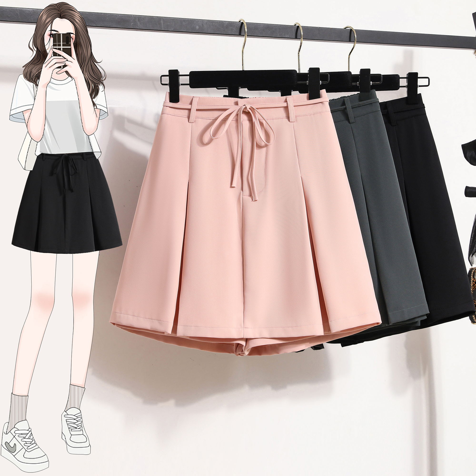 7705 real shot ~ Large size high waist slim versatile suit culottes women summer pleated skirt hip-covering A-line shorts skirt