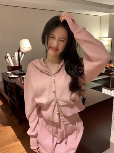 Real shot of retro double zipper hooded thin women's spring loose waist slimming short long-sleeved coat suit