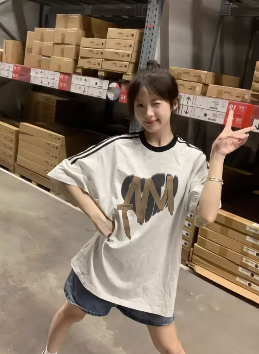 國潮牌撞色三條槓短袖t恤女夏季設計感小眾純棉寬鬆慵懶圓領上衣
