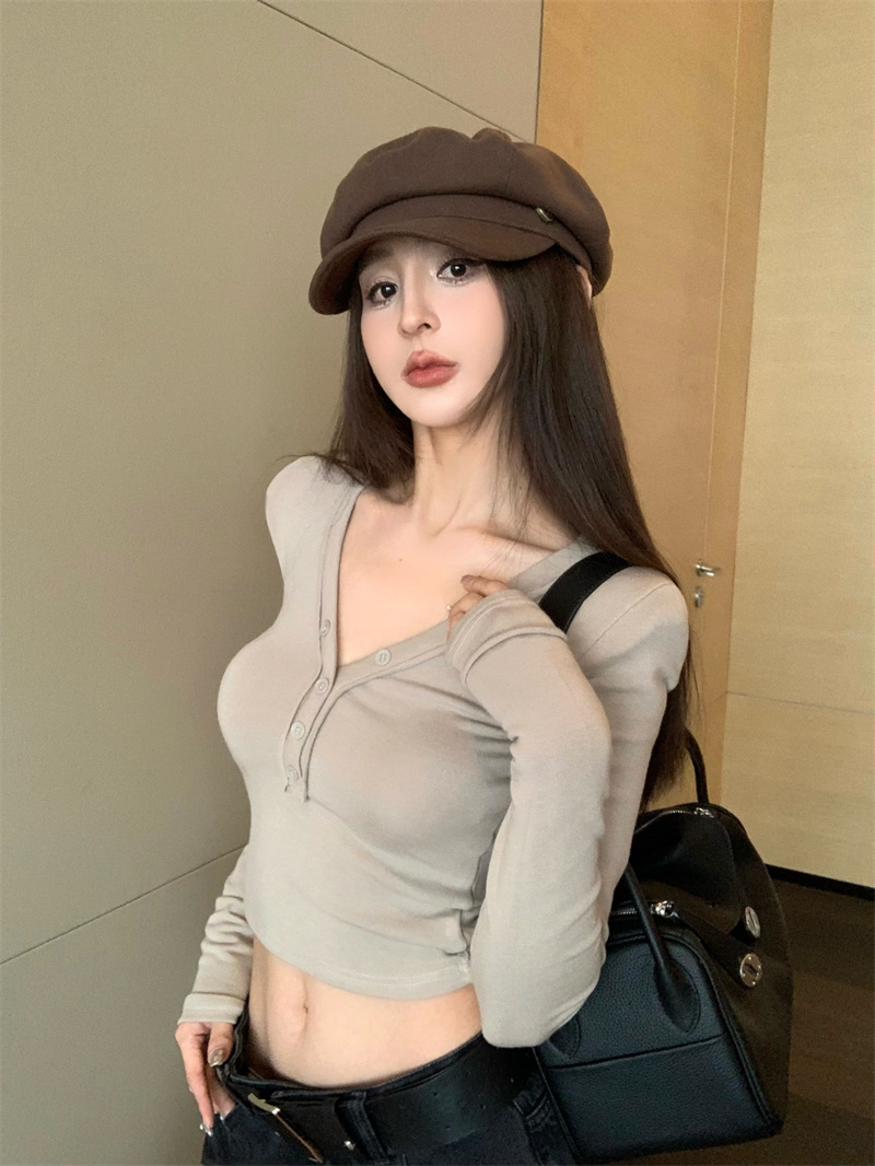 實拍  復古美式V領扣子短款顯瘦T恤上衣