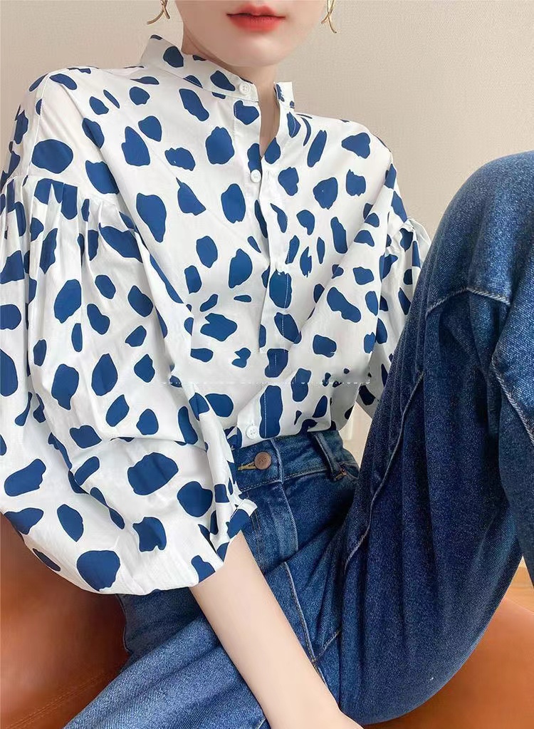 法式小眾泡泡袖襯衫女寬鬆時尚洋氣波點印花襯衣立領港風上衣ins