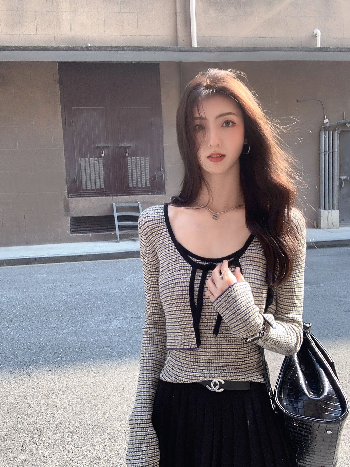 兩件套條紋針織衫女2024秋冬新款修身顯瘦疊穿吊帶開衫短款上衣潮