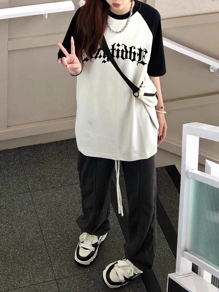Source 200g pure cotton combed tight new style printed color block raglan short sleeve t-shirt for women