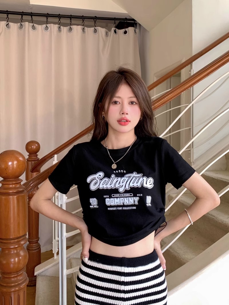 夏季美式復古抽繩印花上衣女裝設計感小眾修身短款半袖T恤