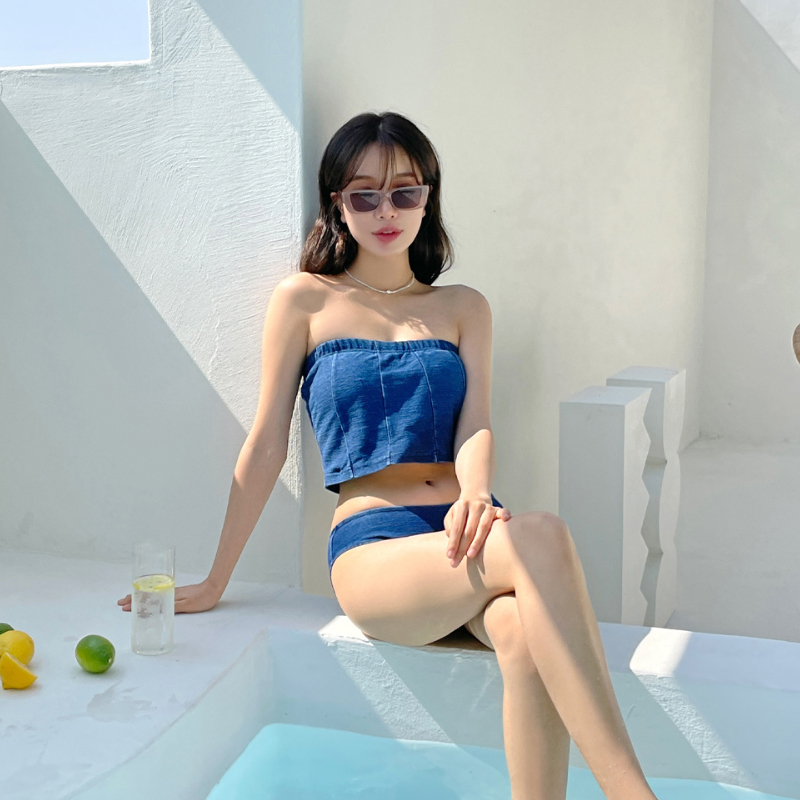 新款韓版ins復古牛仔抹胸小胸分體比基尼泳衣女度假溫泉泳裝