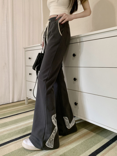 Actual shot of bow-printed bootcut trousers, slim fit, lazy knitted floor-length casual bell-bottom trousers for women